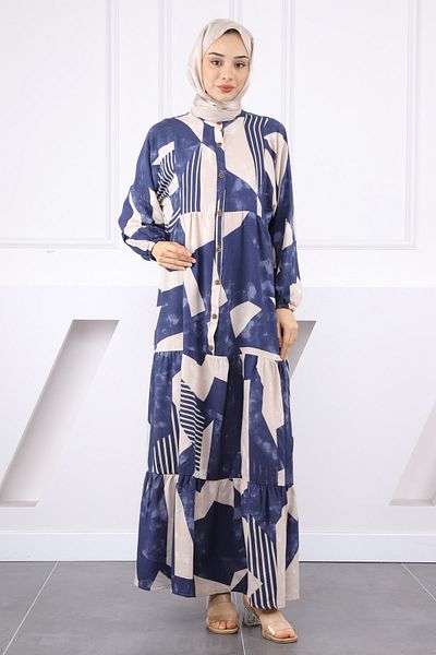 İmajButik Μπλε ναυτικό φόρεμα με μισό κουμπί με φούστα