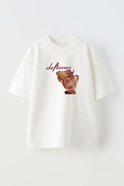 Anetos Tricou Deftones Girl Front cu imprimeu din bumbac alb supradimensionat