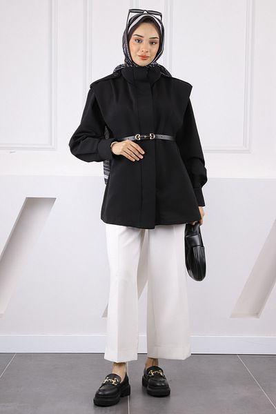 İmajButik Black Shoulder Epaulet Belted Trench Coat