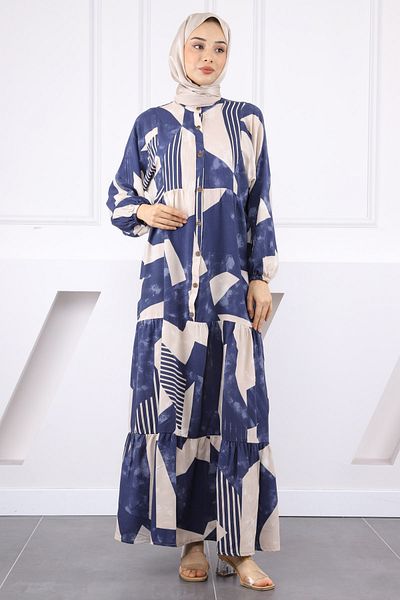 İmajButik Μπλε ναυτικό φόρεμα με μισό κουμπί με φούστα