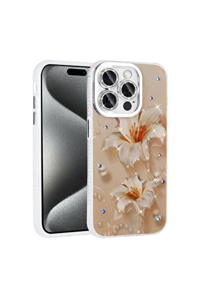 BUTAM BİLİŞİM iPhone 15 Pro Max Case Flower Patterned Shiny Stone Hard Silicone Garden Cover - Pink Light