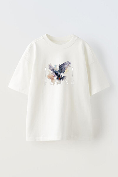 Anetos Tricou Flying Pigeon Front cu imprimeu Cotton White supradimensionat
