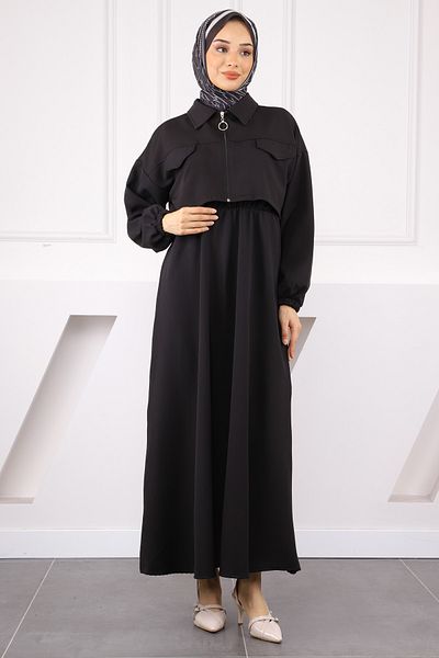İmajButik Μαύρο μπουφάν συνδυασμένο ελαστικό φόρεμα μέσης