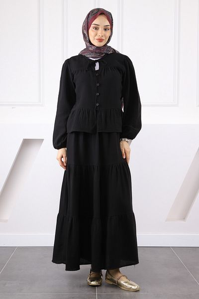 İmajButik Μαύρο Σετ πουκάμισο μουσελίνας με φούστα