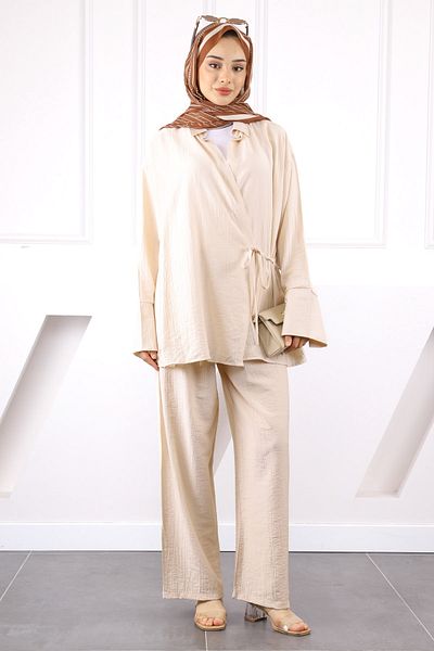İmajButik Beige Kimono Modal Pants Suit