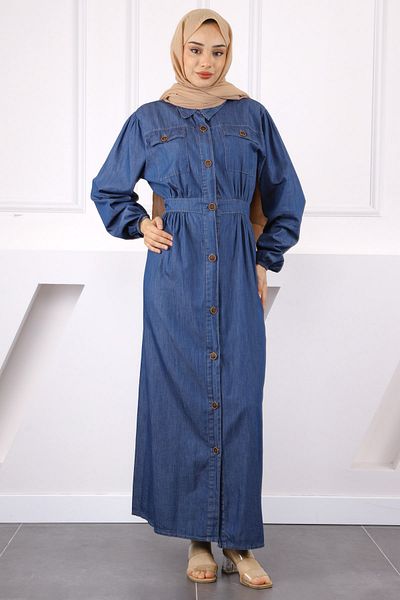 İmajButik Σκούρο μπλε τζιν φόρεμα με κουμπιά τσέπης