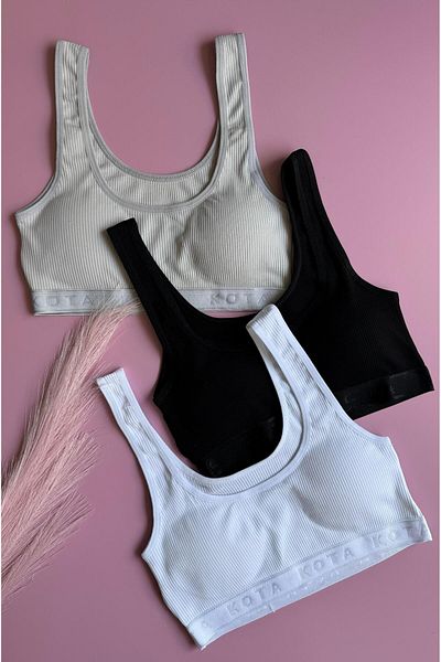 VicTroy Light Trace Pad |   3-Piece Black, Gray and White Color Ribbed Cotton Women's Sports Bra-Half Singlet