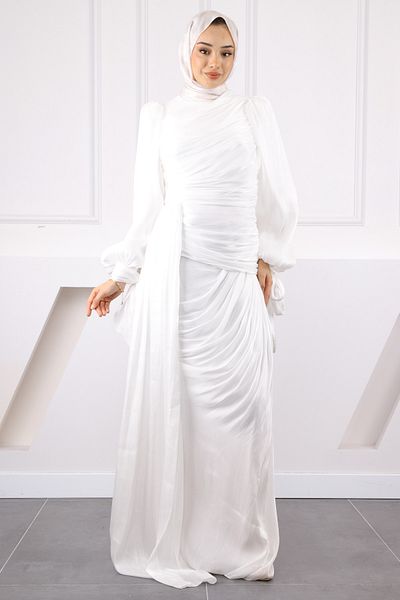 İmajButik Ecru Front Gathered Chiffon Evening Dress