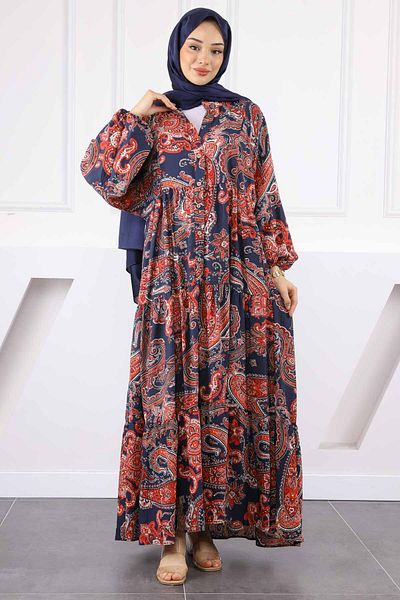 İmajButik Μπλε ναυτικό φόρεμα με μισό κουμπί με φούστα