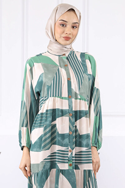 İmajButik Πράσινο φόρεμα με μισό κουμπί με φούστα