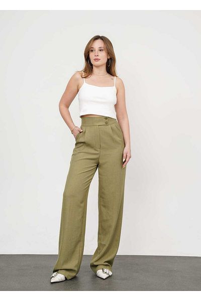 Leo Ferre Women's Pleated Double Button Linen Palazzo Pants 3009