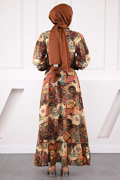 İmajButik Καφέ φόρεμα με μοτίβο με ζώνη μέσης