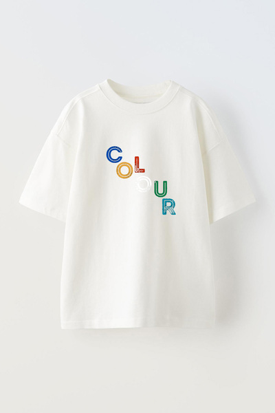 Anetos Tricou cu dungi colorate, cu text în față, cu imprimeu bumbac alb supr...