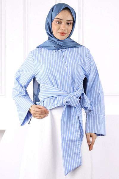 İmajButik Cămașă crop albastră cu cravată în talie