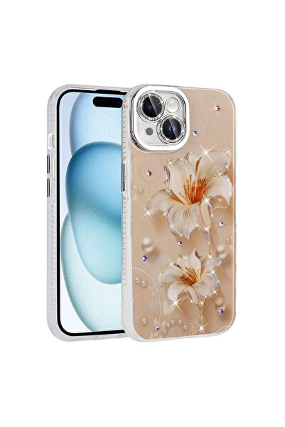 BUTAM BİLİŞİM iPhone 15 Case Flower Patterned Shiny Stone Hard Silicone Garden Cover - Pink Light