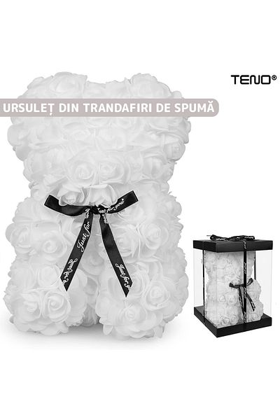 Teno Teddy Bear made of Teno® Foam Roses, white floral, handmade, transparent box, 25 cm