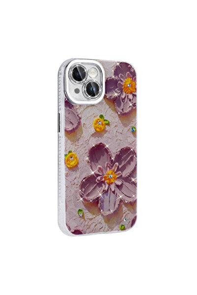 BUTAM BİLİŞİM iPhone 14 Case Flower Patterned Shiny Stone Hard Silicone Garden Cover - White