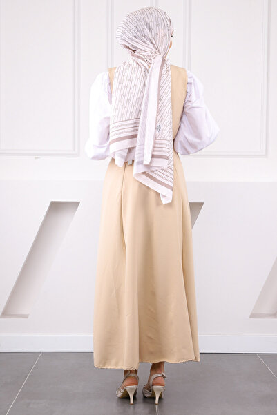 İmajButik Beige Buttoned Front Belted Gilet Dress