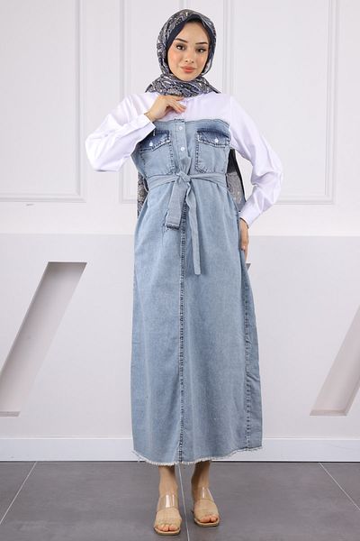 İmajButik Τζιν φόρεμα με μπλε πουκάμισο με γαρνιτούρα και κουμπιά