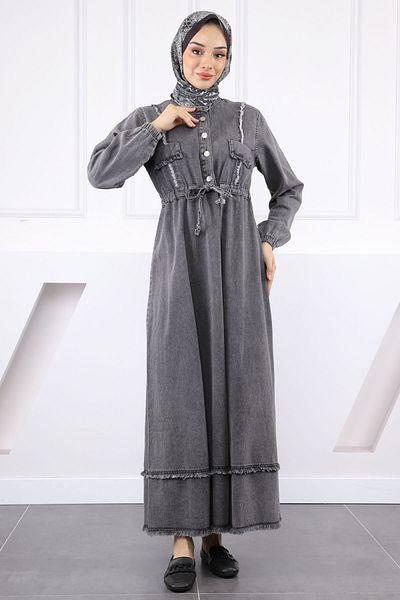İmajButik Τζιν φόρεμα με καπνιστή μπούκλα με δεμένη μέση