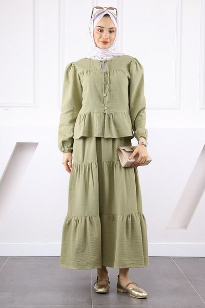 İmajButik Σετ πουκάμισο Khaki Muslin με φούστα