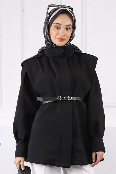 İmajButik Black Shoulder Epaulet Belted Trench Coat