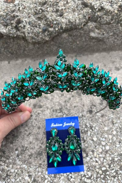 Hobigram Aldonsa Green Bridal Henna Crown Special Day Accessory Women's Crown and Three Shuttle Earrings Set