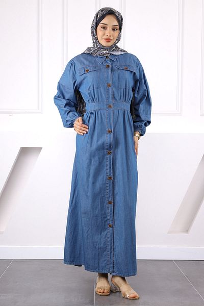İmajButik Μπλε τζιν φόρεμα με κουμπιά τσέπης