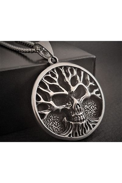 voyageaccessory Stainless Steel Tree of Life Detailed Skull Necklace /60 cm Chain