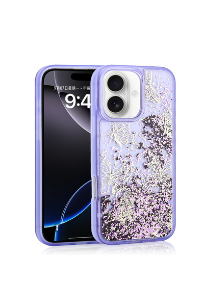 BUTAM BİLİŞİM حافظة آيفون 16 مطبوعة على شكل فراشة فضية سائلة وغطاء سيليكون شف...