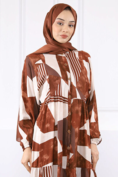 İmajButik Καφέ Φόρεμα με μισό κουμπί και φούστα