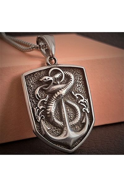 voyageaccessory Stainless Steel Snake Detailed Sailor Anchor Necklace / 60 cm Chain