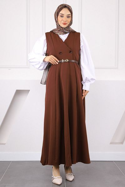 İmajButik Καφέ φόρεμα Gilet με κουμπιά μπροστά και ζώνη