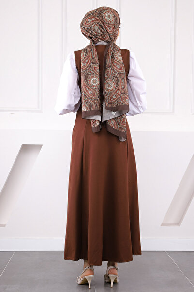 İmajButik Καφέ φόρεμα Gilet με κουμπιά μπροστά και ζώνη