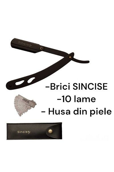 Sincise Brici profesional pentru ras Sincise, otel inoxidabil cu 10 lame si husa din piele ecologica, negru