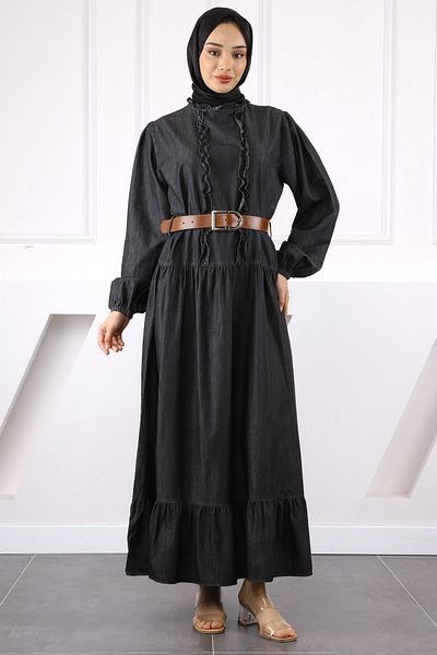 İmajButik Φόρεμα με ελαστική φούστα με μανίκια από ανθρακί και ζώνη