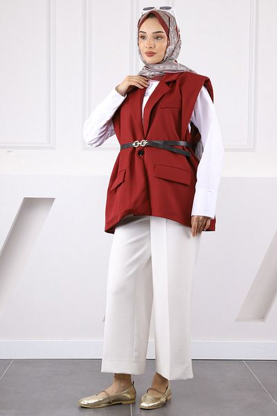 İmajButik Burgundy Waist Belted Vest