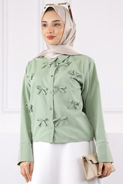 İmajButik Cămașă cu nasturi în față cu fundă kaki