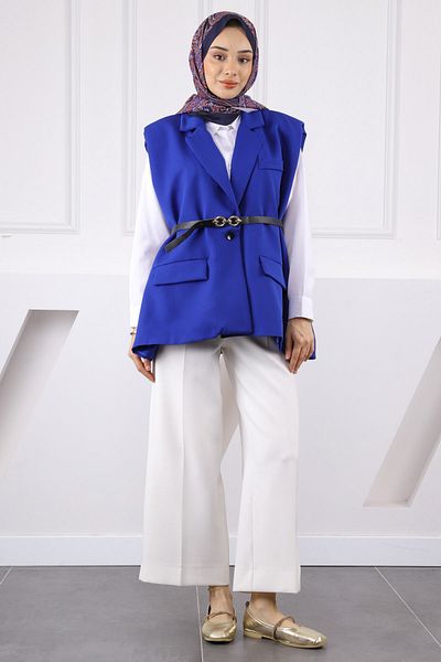 İmajButik Saks Blue Waist Belted Vest