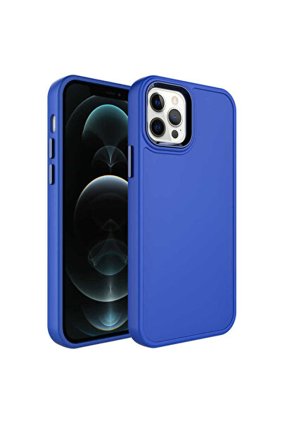 BUTAM BİLİŞİM حافظة بوتوكس الصلبة لهاتف iPhone 12 Pro Max مع إطار معدني متوافق مع تصميم الزر - أزرق ساكس