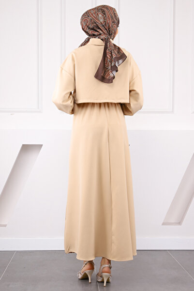 İmajButik Beige Jacket Combination Waist Elastic Dress