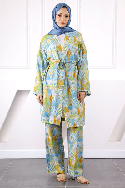 İmajButik Blue Patterned Kimono Pants Set