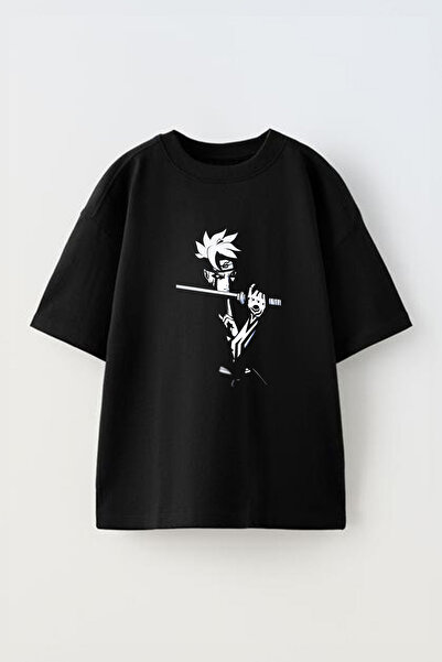 Anetos تي شيرت بوروتو أسود مطبوع من الأمام من القطن باللون الأسود