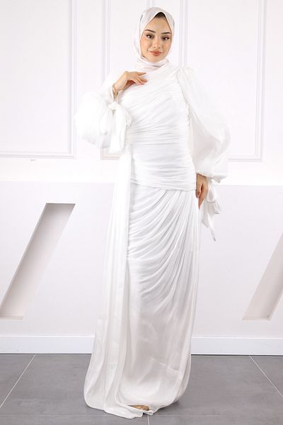İmajButik Ecru Front Gathered Chiffon Evening Dress