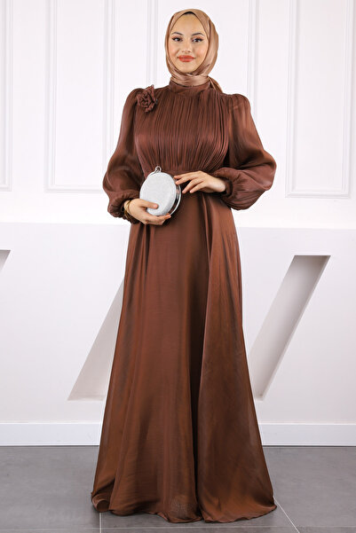 İmajButik Βραδινό φόρεμα σιφόν καφέ με δραπέ μπροστά και ζώνη