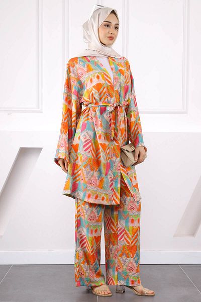 İmajButik Orange Patterned Kimono Pants Suit