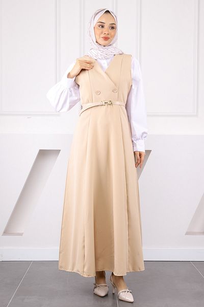 İmajButik Μπεζ φόρεμα Gilet με κουμπιά μπροστά και ζώνη