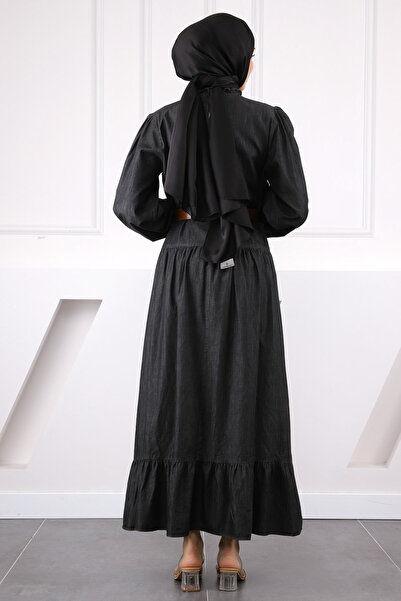 İmajButik Anthracite Sleeve Elastic Skirt Layered Belted Dress