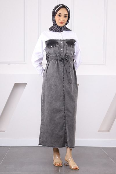 İmajButik Τζιν φόρεμα με γαρνιρισμένο πουκάμισο από ανθρακί
