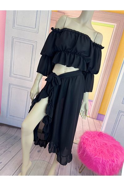 NA ADDESIGN Black Ruffle Tie-Up Pareo, Black Chiffon Pareo(Only Bottom Price)